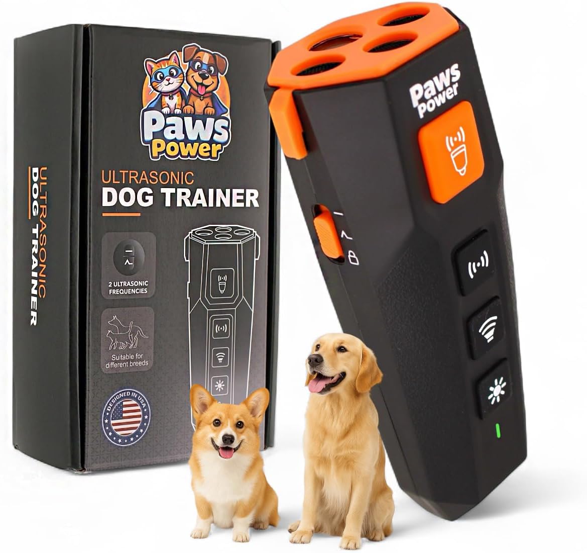 A Corgi and Golden Retriever sitting calmly next to the Paws Power ultrasonic dog trainer device