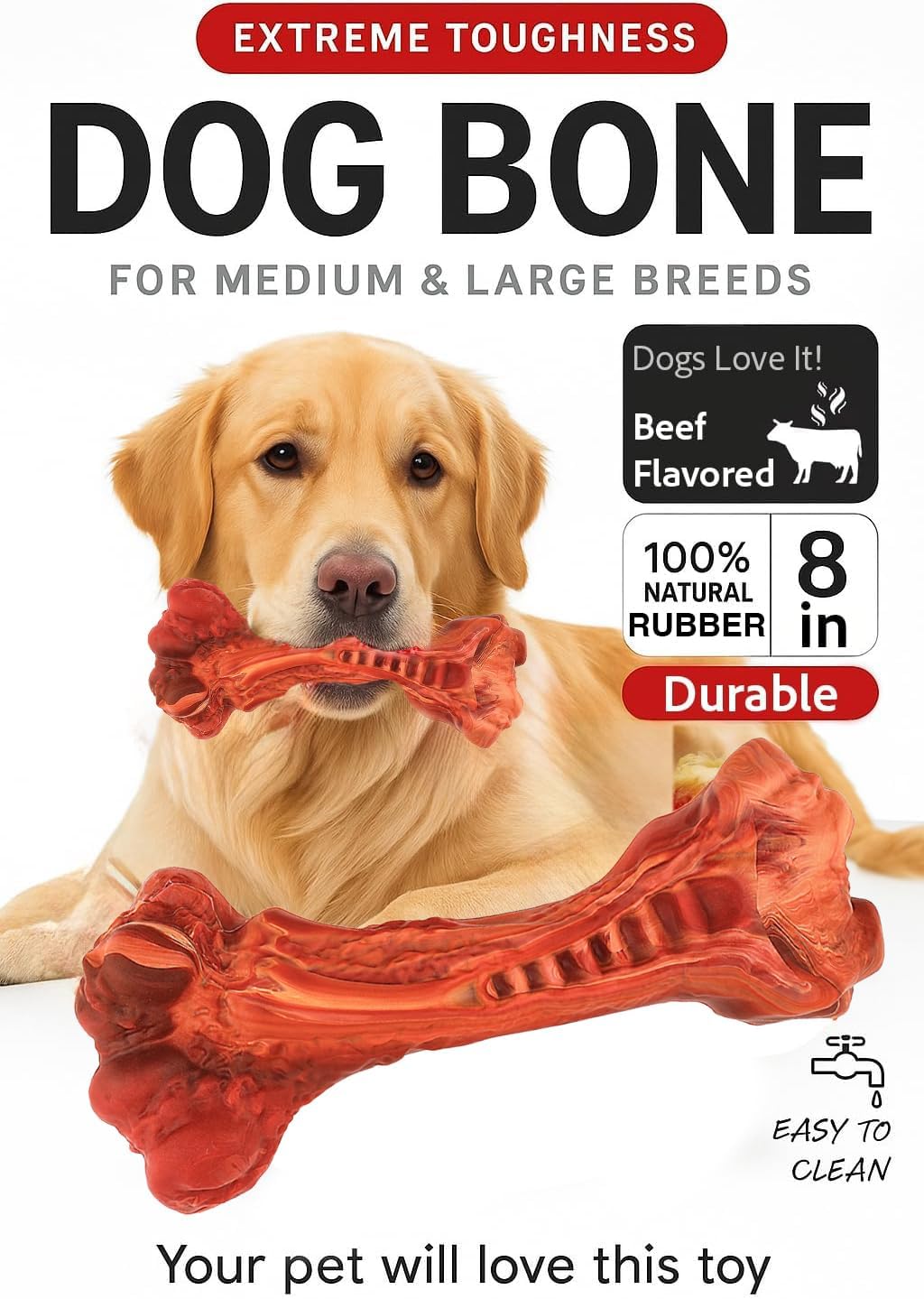 Dog Chew Toy - Natural Rubber Bone with Beef Flavor for Medium & Large Dogs - Dental Chew Toy, Cleans Teeth, Satisfies Chewing Instinct view 2
