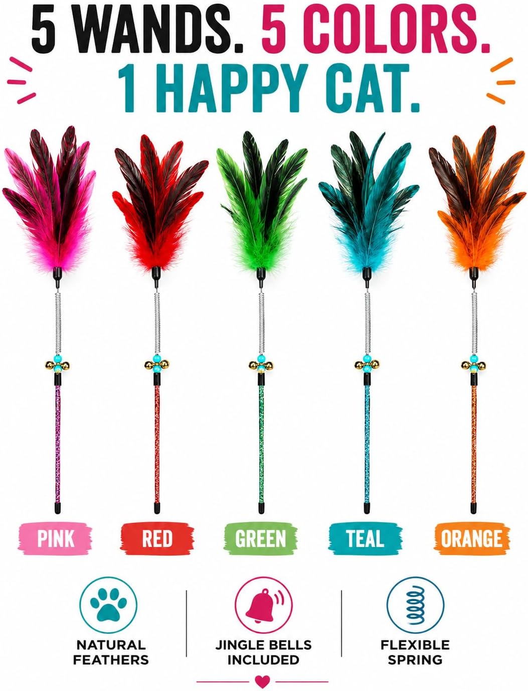 Infographic showing 5 cat feather wands in pink, red, green, teal, and orange colors