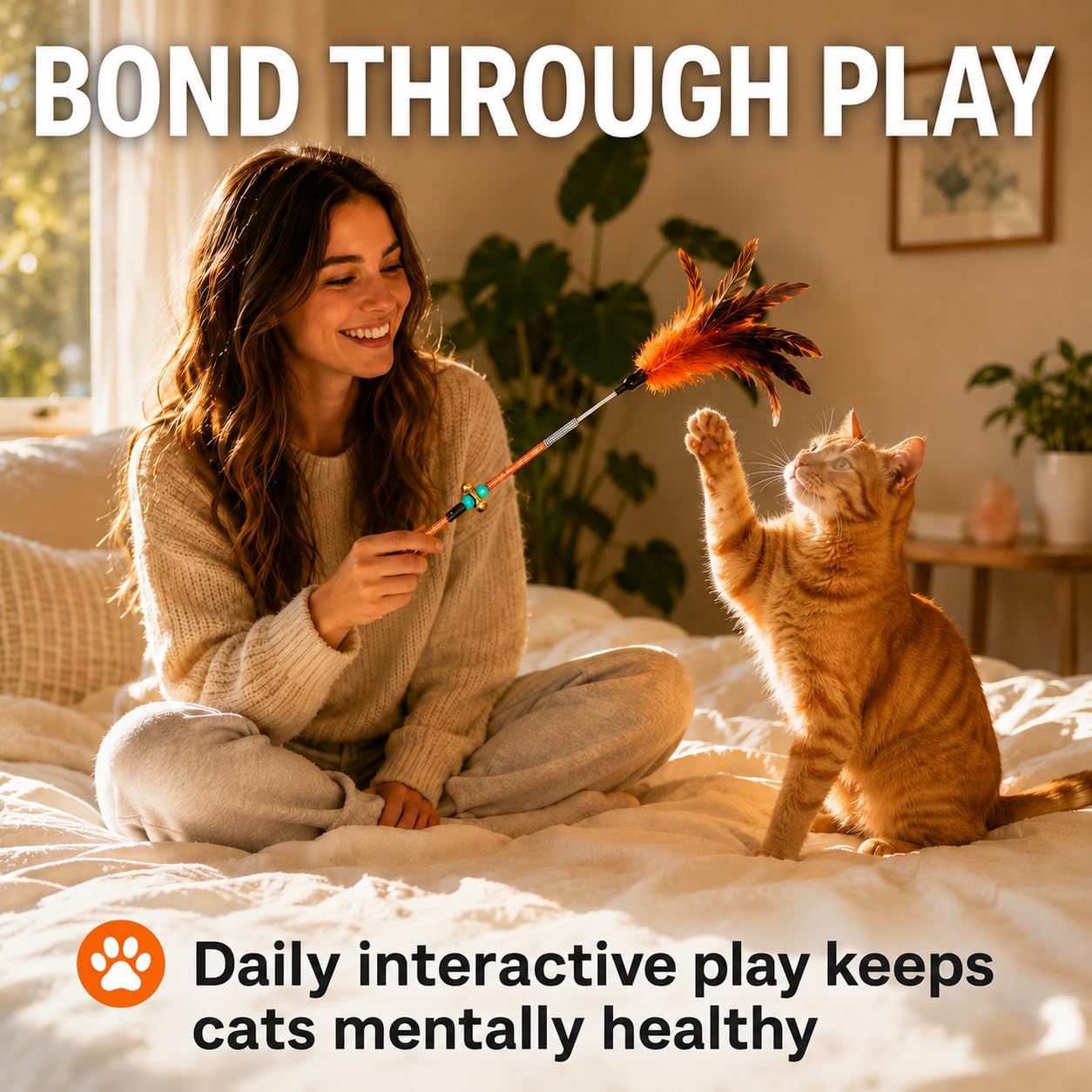 A woman on a bed holding an orange feather wand while a tabby cat reaches up to play