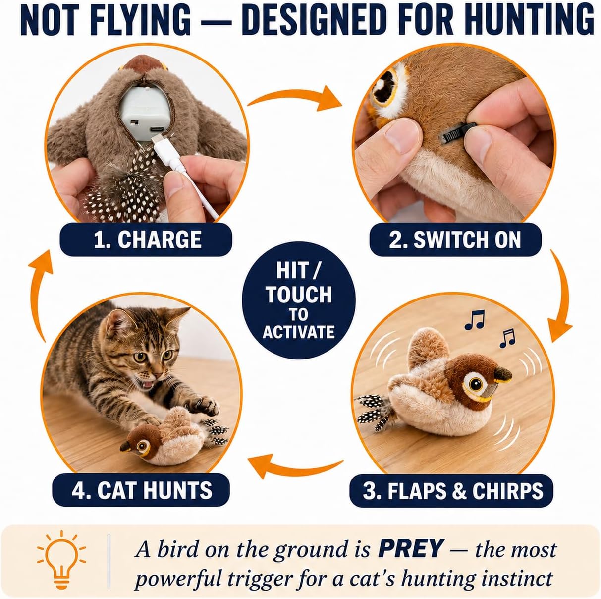 Paws Power Flapping Bird Cat Toy - Rechargeable Sparrow with Lifelike Chirp, 3 Speed Modes view 3