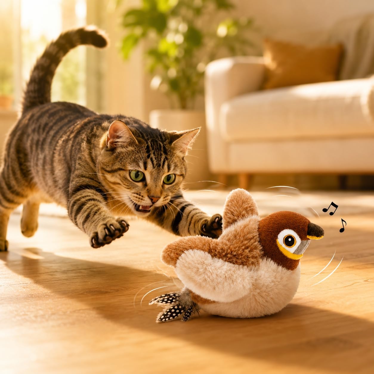 Paws Power Flapping Bird Cat Toy - Rechargeable Sparrow with Lifelike Chirp, 3 Speed Modes view 2
