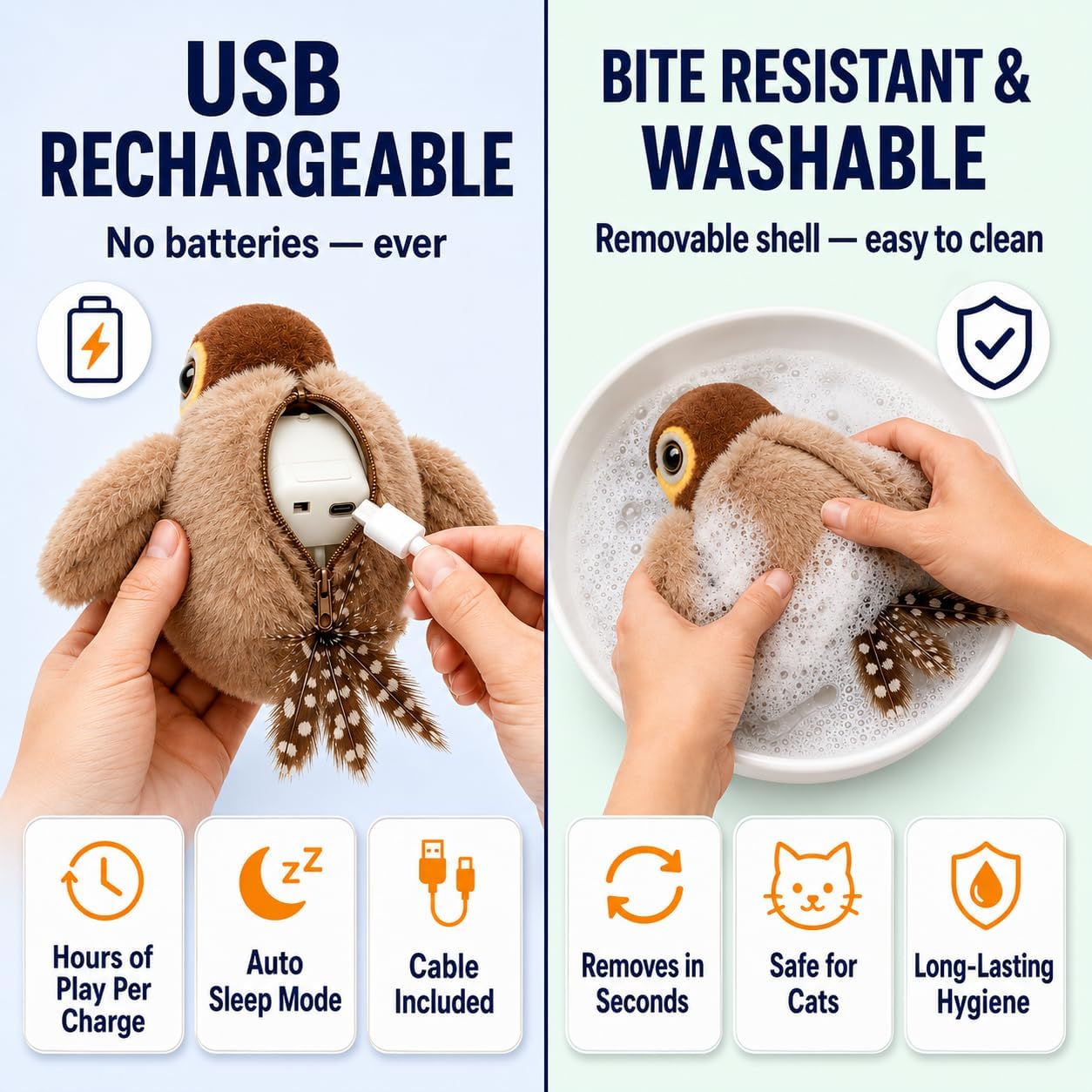 Paws Power Flapping Bird Cat Toy - Rechargeable Sparrow with Lifelike Chirp, 3 Speed Modes view 6
