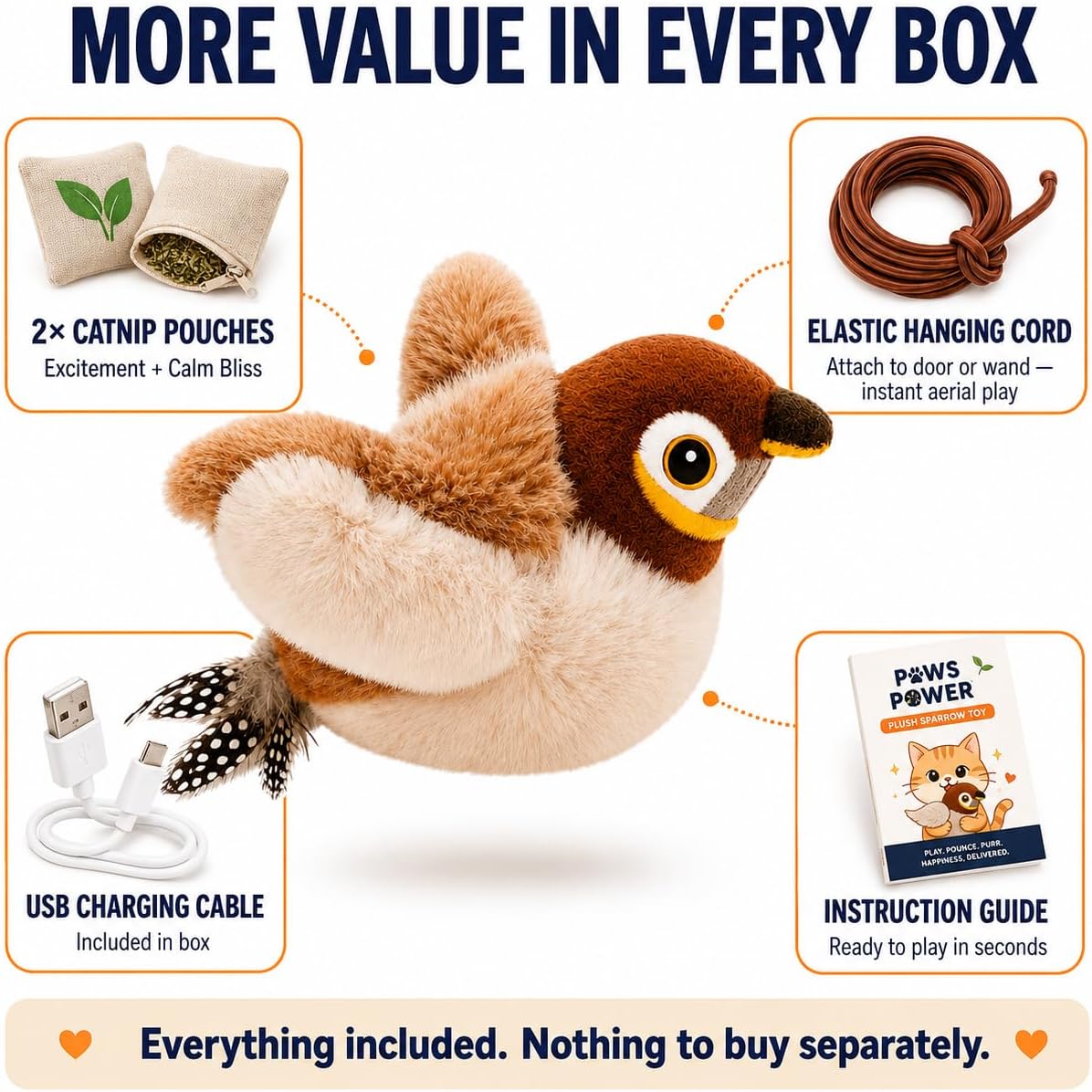 Paws Power Flapping Bird Cat Toy - Rechargeable Sparrow with Lifelike Chirp, 3 Speed Modes view 8