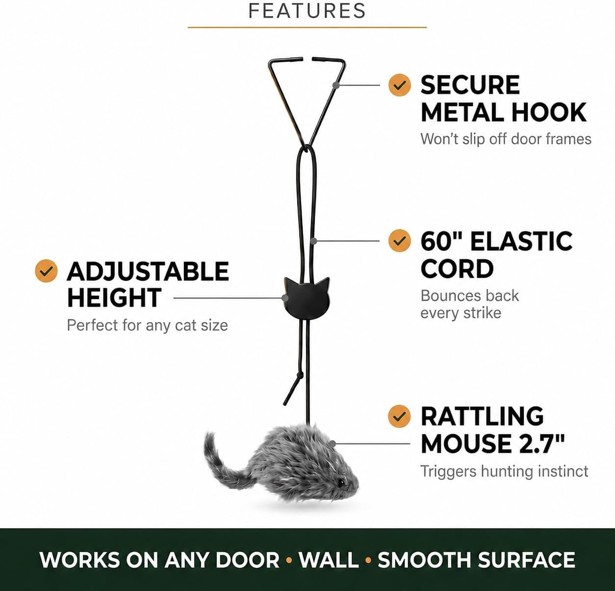 Hanging Door Cat Toy - Self-Play Feather Mouse for Indoor Cats - No Batteries, Extended Pack view 3