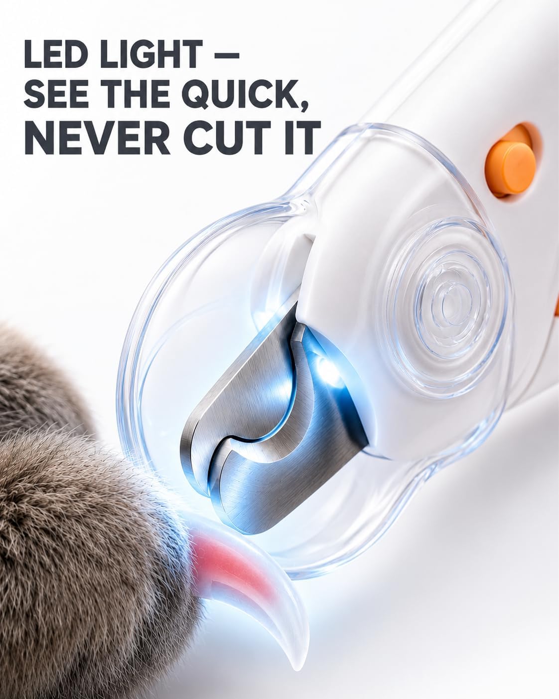 Close-up of an LED nail clipper illuminating the quick inside a cat's translucent nail