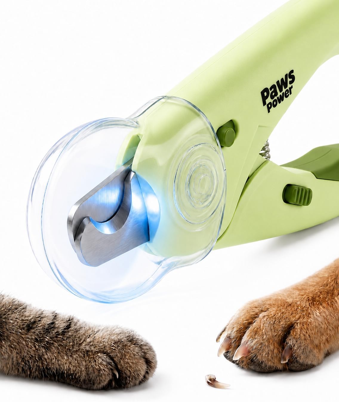 Paws Power LED nail clipper with green body alongside a small dog paw