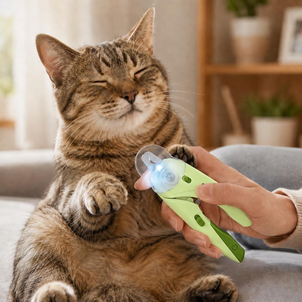 A relaxed tabby cat with eyes closed while its owner trims nails with an LED nail clipper